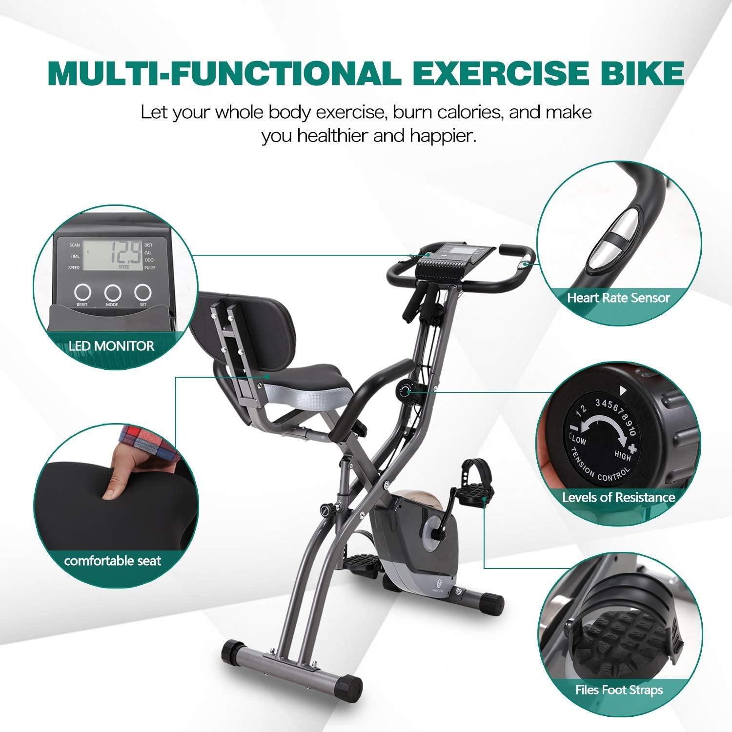 Folding Exercise Bike with 10-Level Adjustable Magnetic Resistance | Upright and Recumbent Foldable Exercise Bike for Home Use, Home Workout Exercise Equipment, Exercise Bikes Stationary