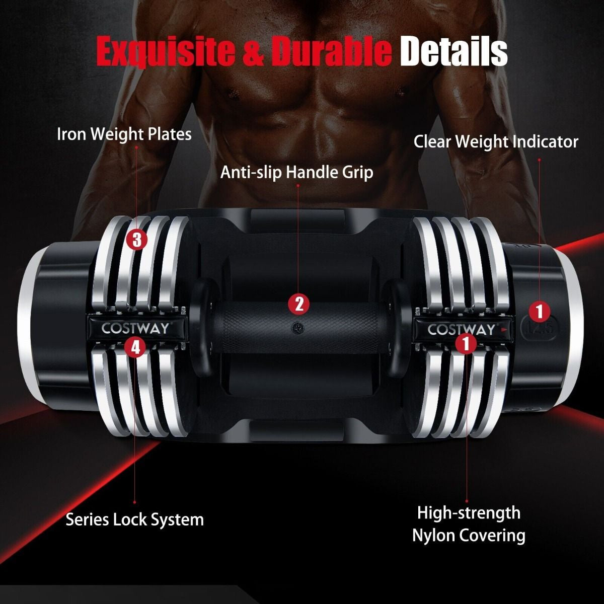 Weight Adjustable Dumbbells with Tray Anti-Slip Handle for Home Gym