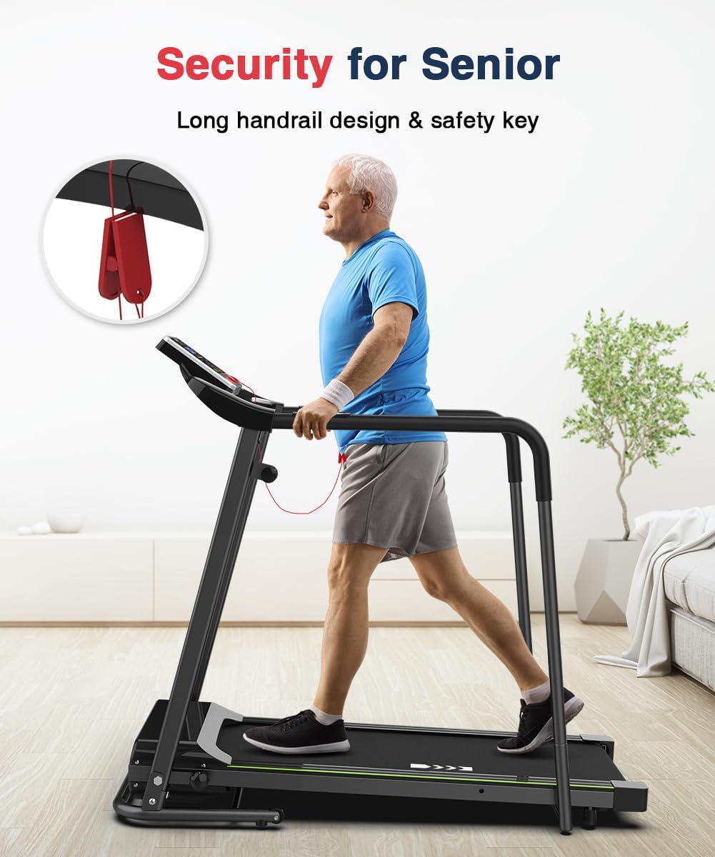 Walking Treadmill with Long Handrail for Balance, Recovery Fitness Exercise Machine Foldable for Home Use with Holder for Phone & Cup,Lcd Display, 300 Lbs Capacity