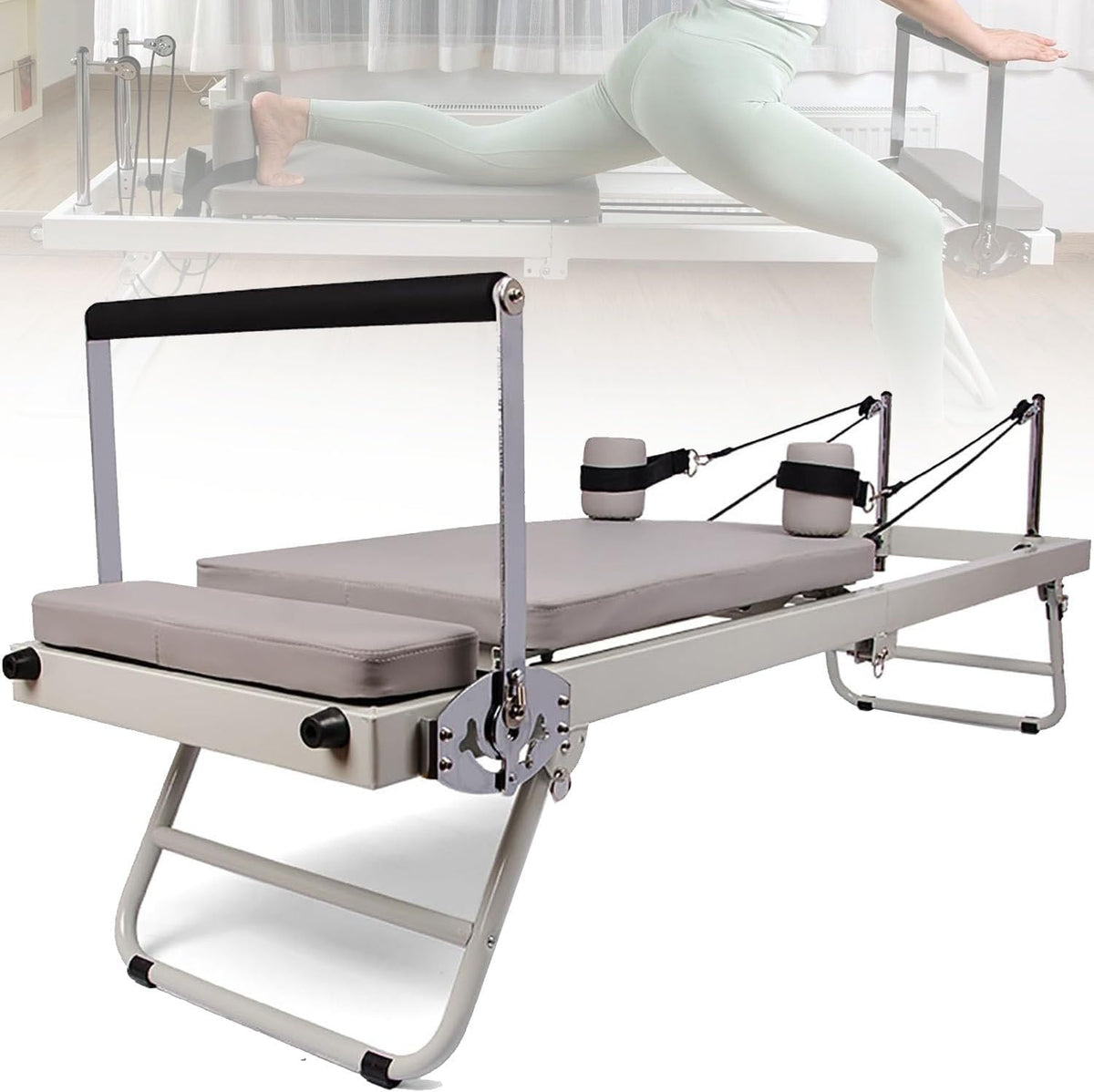 Foldable Pilates Reformer Machine - Adjustable Intensity Yoga Equipment for Home Exercise, Multifunctional Fitness Bed with Pilates Reformer, Max Weight 300Lbs,B