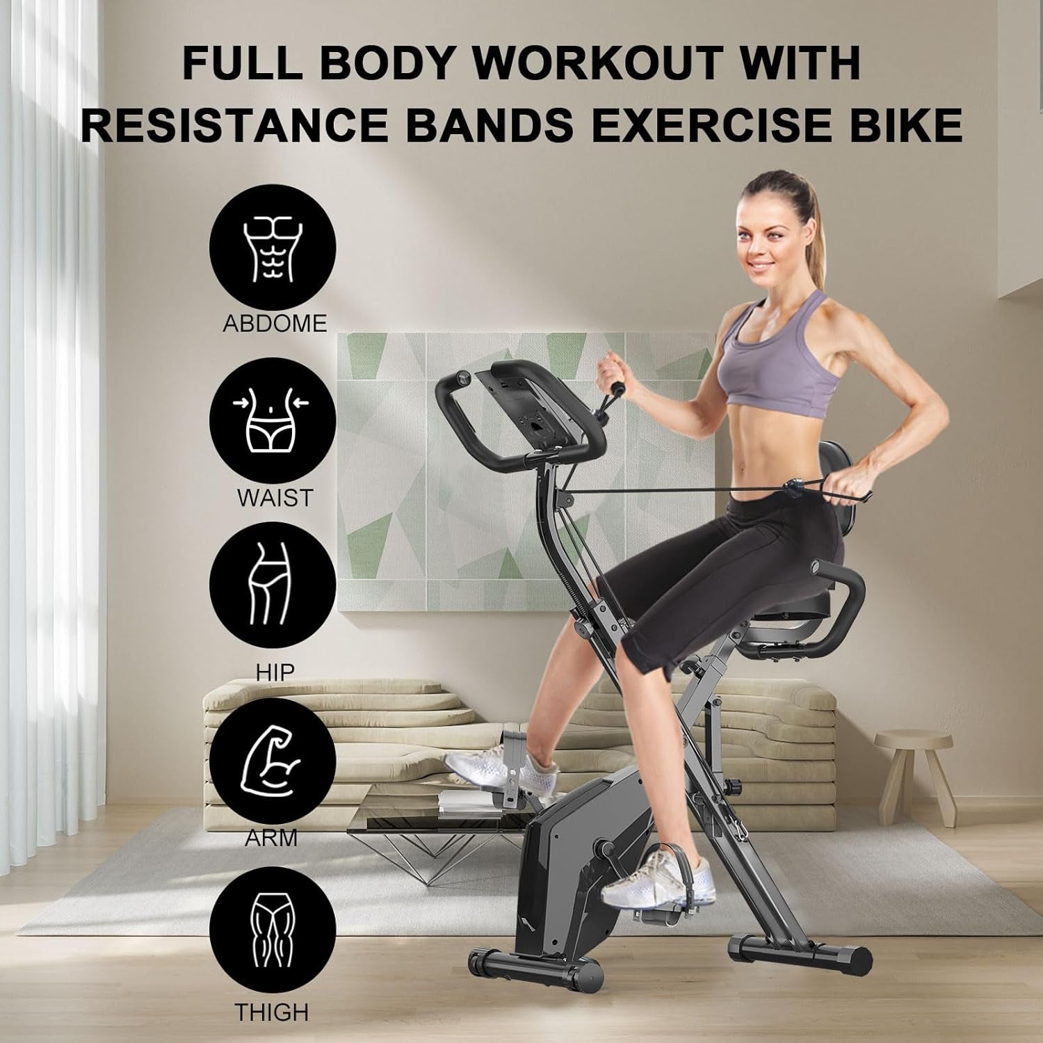 Exercise Bike Foldable, 4 in 1 Magnetic Foldable Indoor Cycling Bike with LCD Display and Heart Rate Sensor Workout Bike with Resistance Bands Home Workout Exercise Equipment